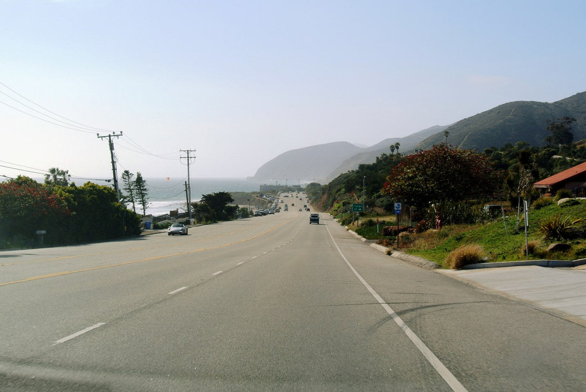 Pacific Coast Highway in Solromar, Ventura County, with the ocean and coastal hills