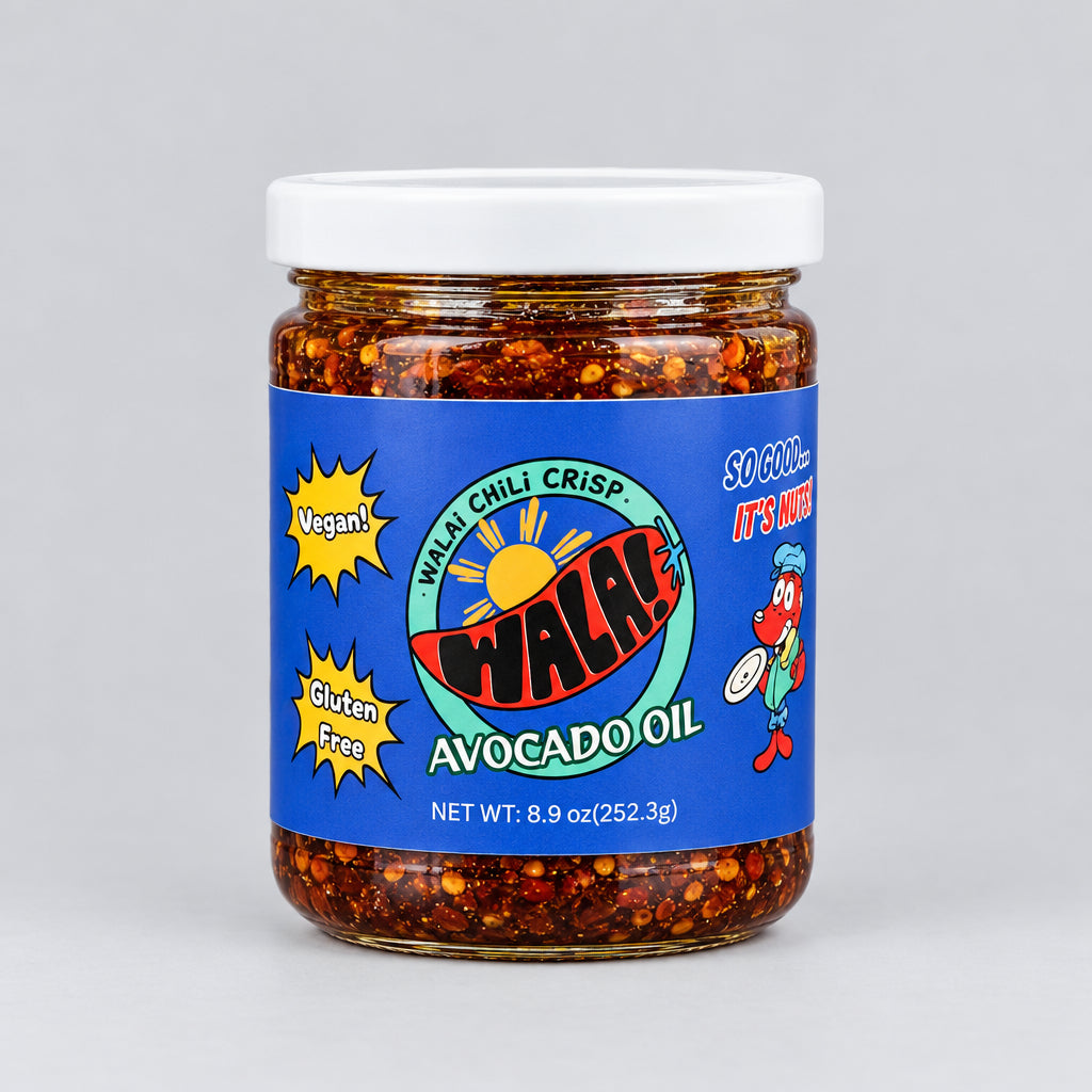 Wala! Avocado Oil Chili Crisp jar on a wooden surface