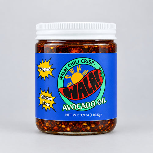 Wala! Avocado Oil Chili Crisp jar with a blue label and white lid